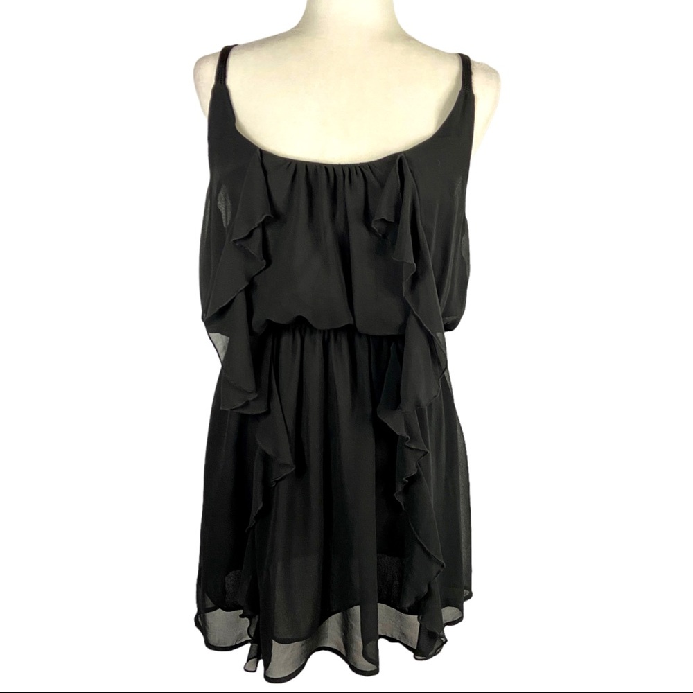 Piazza Italia Black Chiffon Ruffle Above Knee Elastic Waist Dress Size Medium